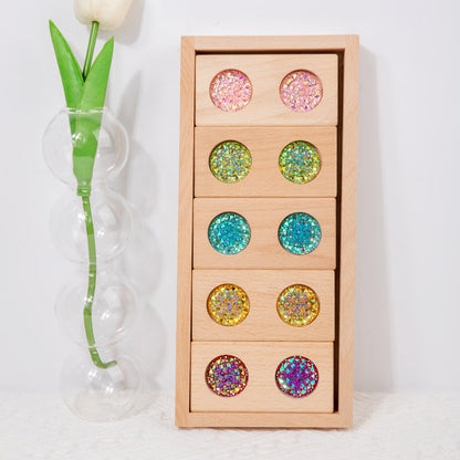 Wooden jewel color matching blocks and sensory geometry play view 1