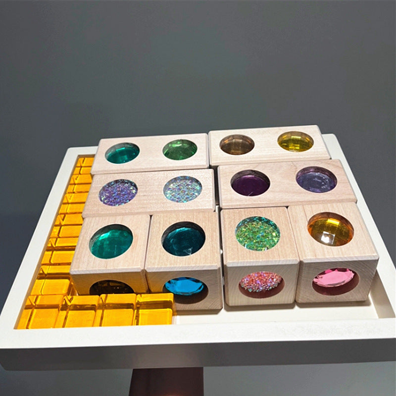 Wooden jewel color matching blocks and sensory geometry play view 9