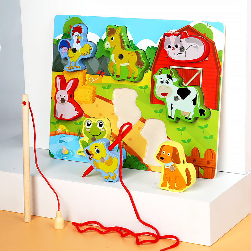 Kinmilo wooden magnetic fishing and lacing board with colorful animals and magnetic wand