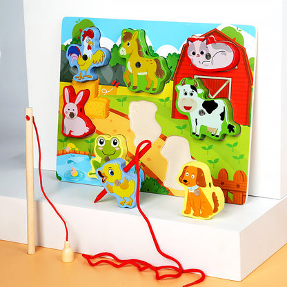 Kinmilo wooden magnetic fishing and lacing board with colorful animals and magnetic wand
