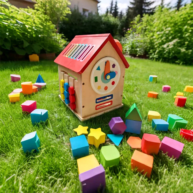 Wooden shape sorter house or multi activity bus toy detailed photo 53