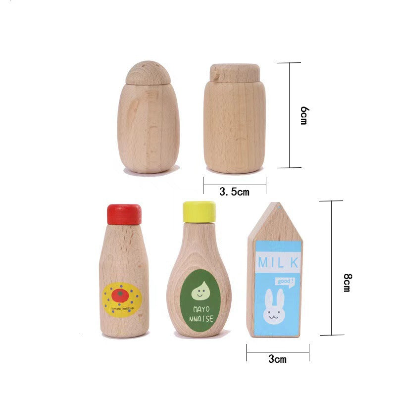 Wooden condiments milk carton and bottle sizes