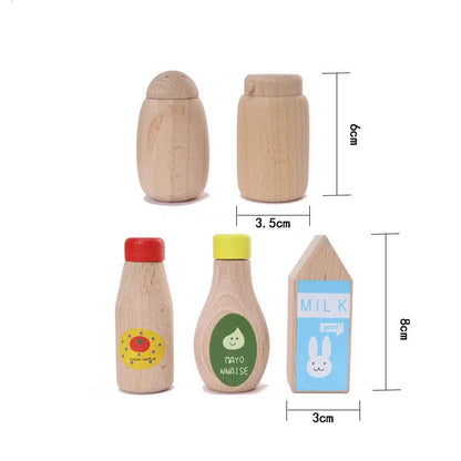 Wooden condiments milk carton and bottle sizes