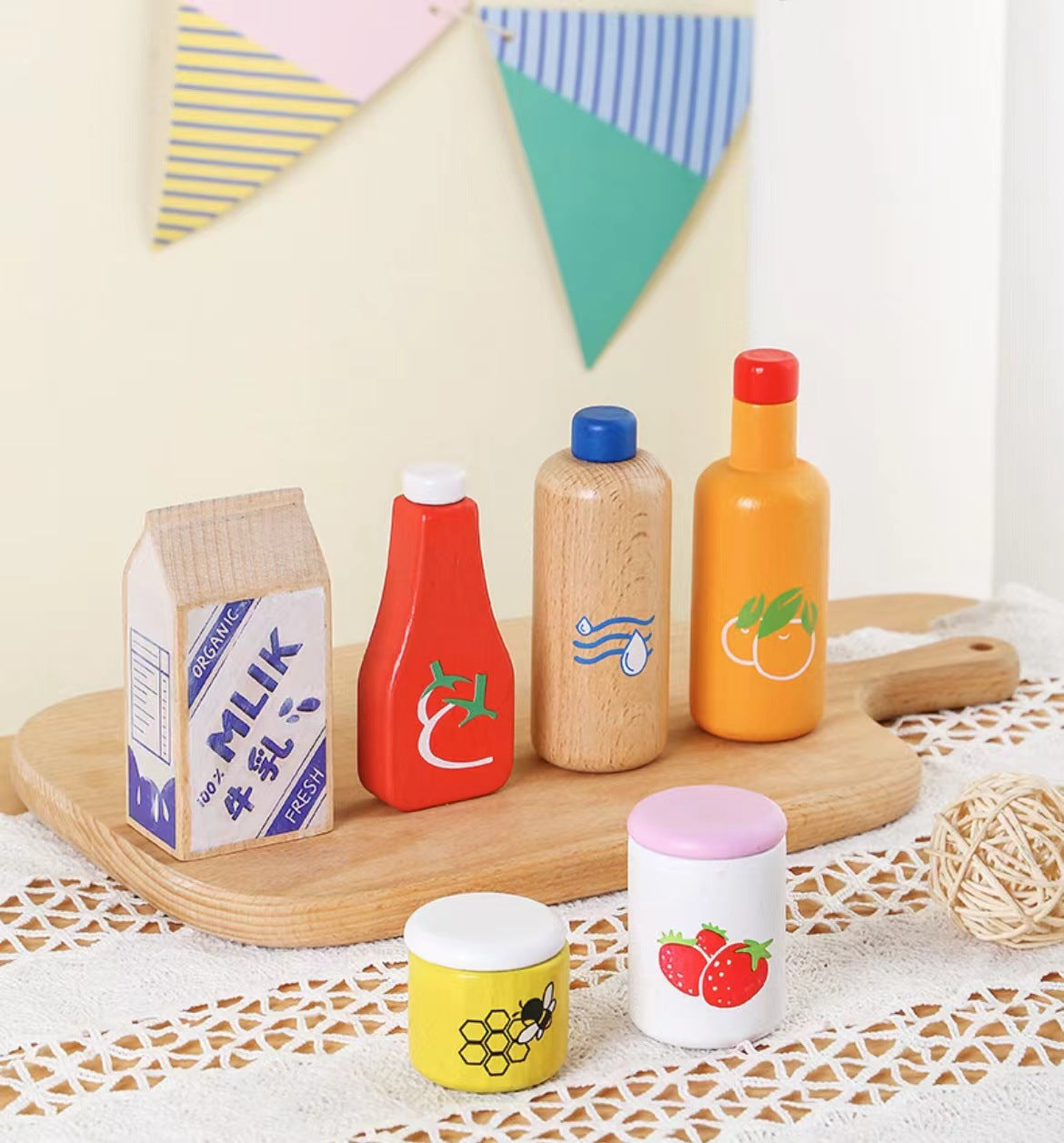 Wooden drinks and condiment props for pretend kitchen play