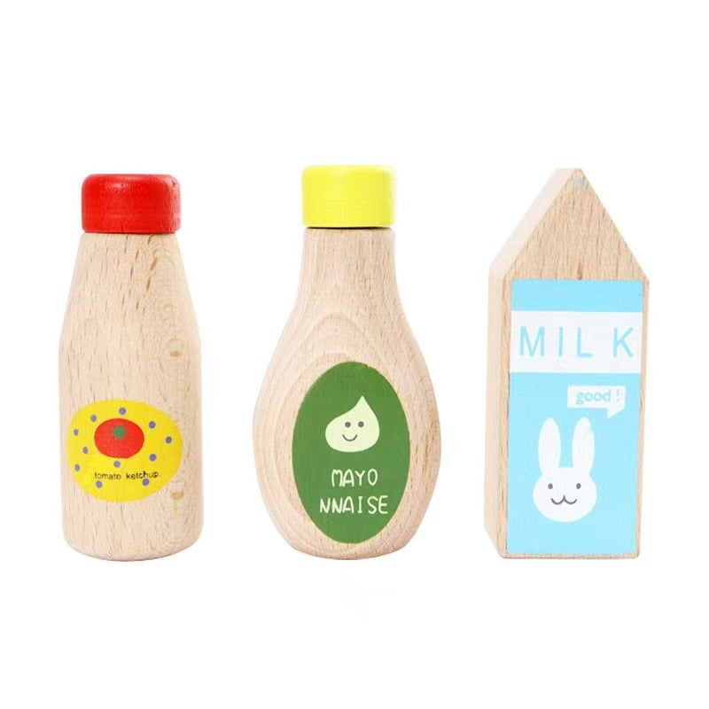 Wooden pretend condiment bottles and milk carton for play kitchens