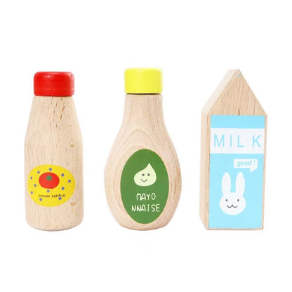 Wooden pretend condiment bottles and milk carton for play kitchens