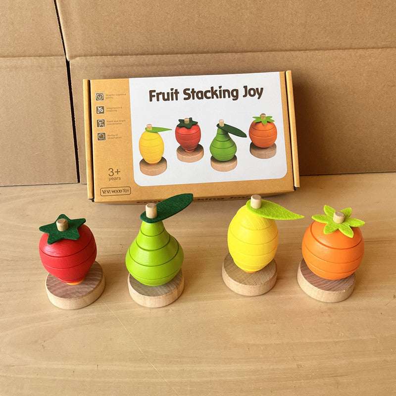 Four fruit Montessori wooden ring stacking toy product and detail photo 23