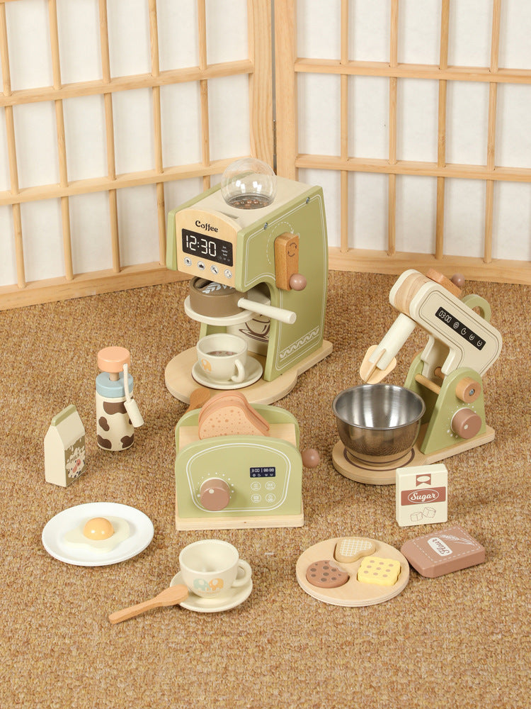 Kinmilo wooden mini kitchen appliance pretend play coffee maker, toaster and mixer detail view 9