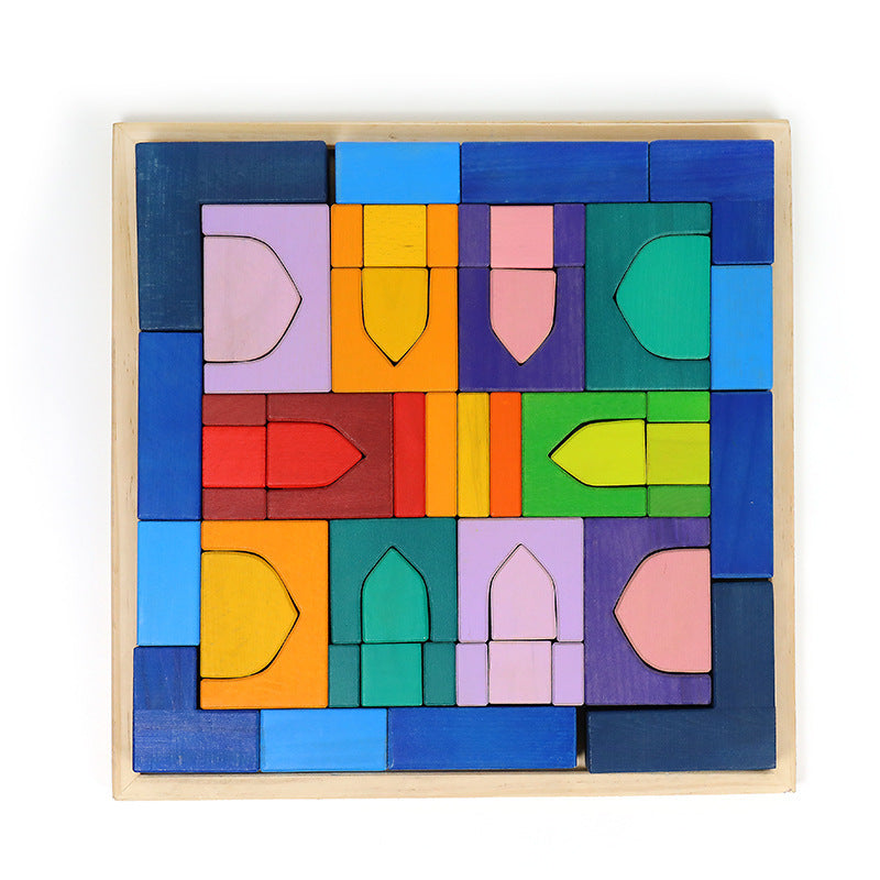 Kinmilo rainbow colored wooden construction blocks mosaic and geometric pattern design 2