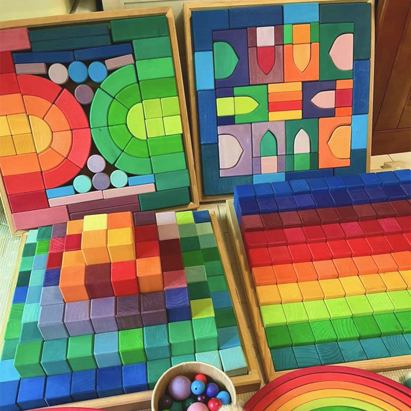 Kinmilo rainbow colored wooden construction blocks mosaic and geometric pattern design 10