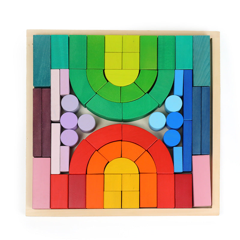 Kinmilo rainbow colored wooden construction blocks mosaic and geometric pattern design 11