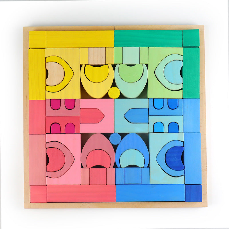 Kinmilo rainbow colored wooden construction blocks mosaic and geometric pattern design 12