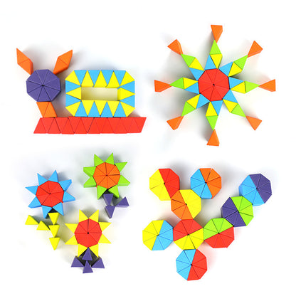Kinmilo wooden colorful rainbow building blocks, geometric patterns and creative mosaic play detail 18