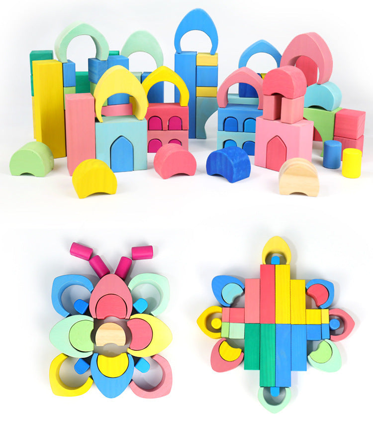 Kinmilo wooden colorful rainbow building blocks, geometric patterns and creative mosaic play detail 23