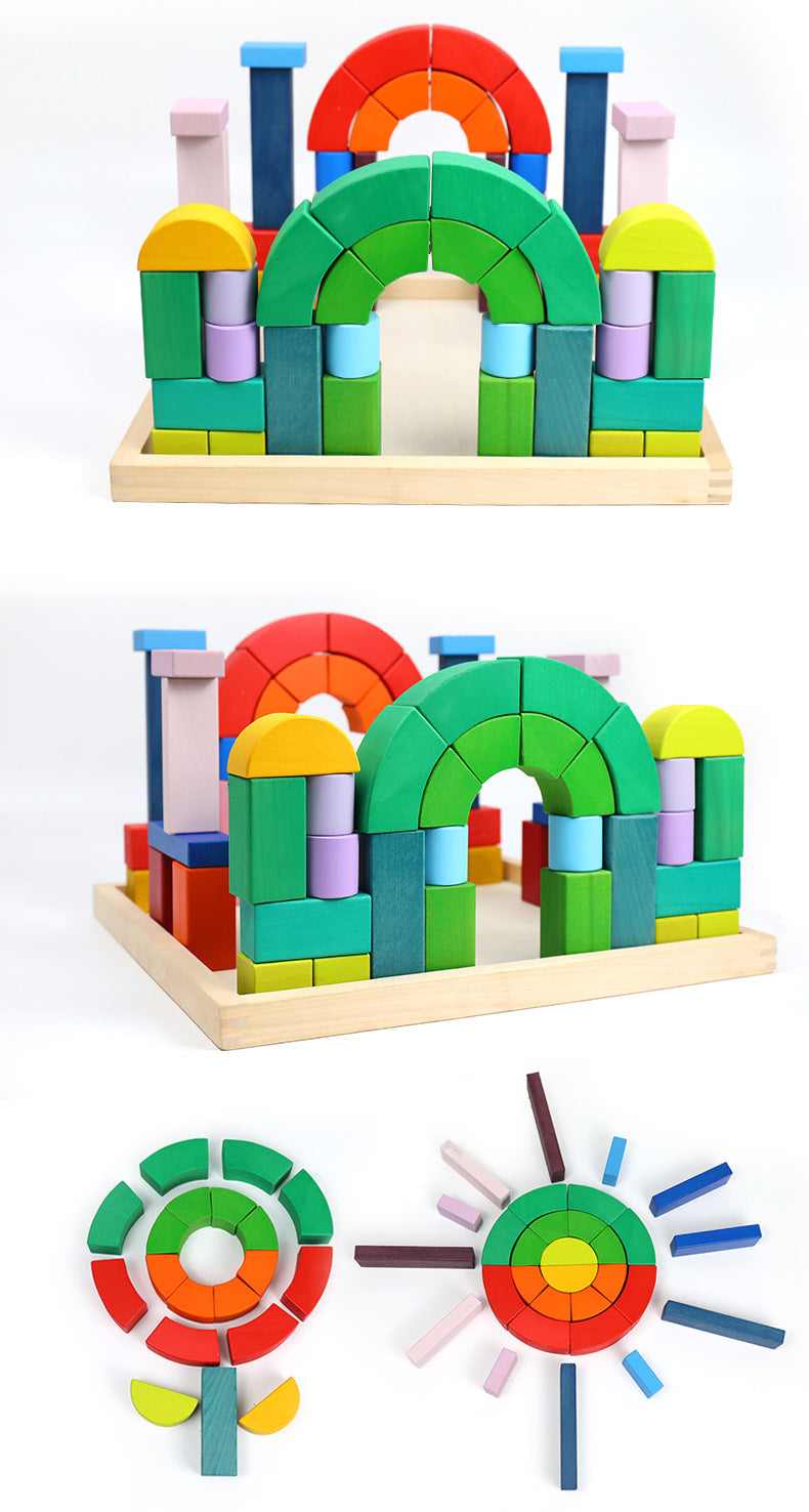 Kinmilo wooden colorful rainbow building blocks, geometric patterns and creative mosaic play detail 25