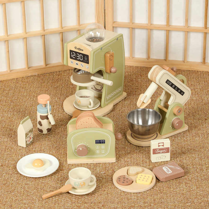 Wooden mini kitchen role-play breakfast set with toy coffee maker, toaster and mixer