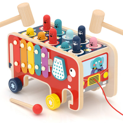 Red elephant wooden xylophone and hammering activity toy with wheels, pegs, gears and colorful music bars