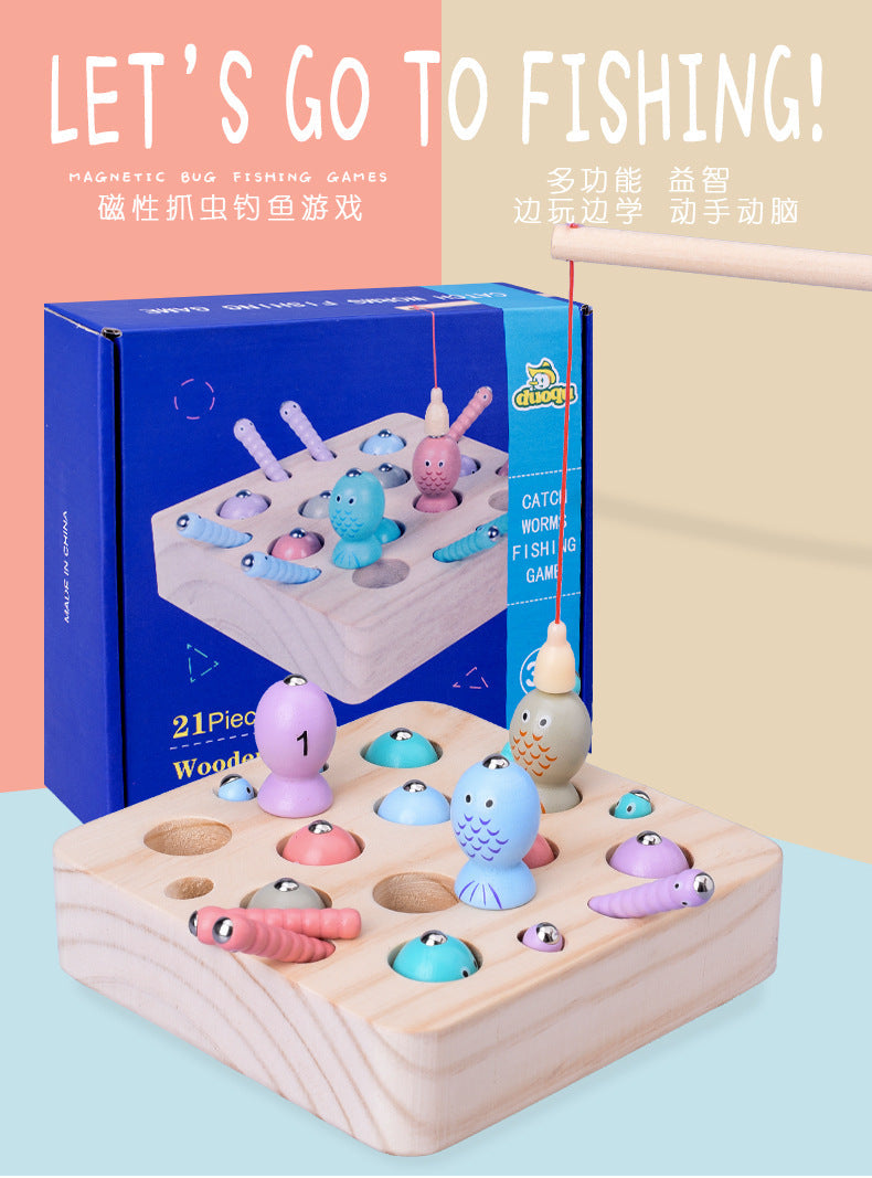 Kinmilo wooden fishing game closeup, color and number matching detail 17