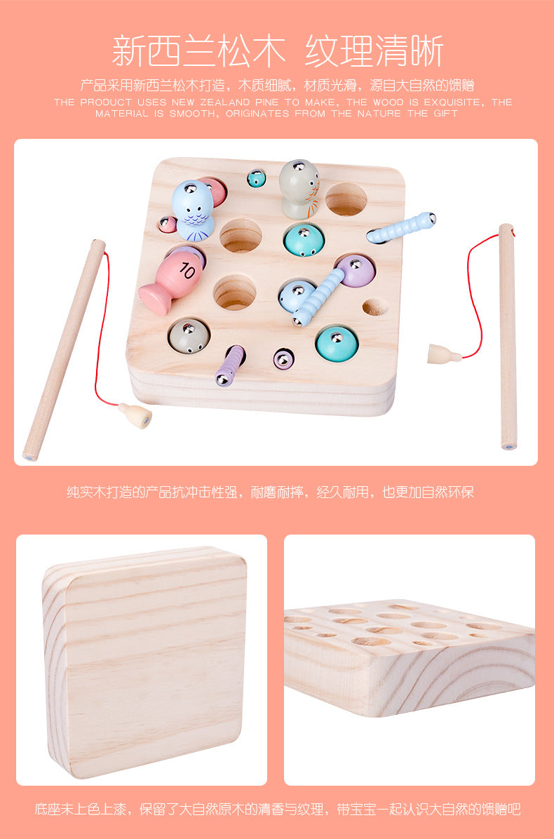 Kinmilo wooden fishing game closeup, color and number matching detail 20