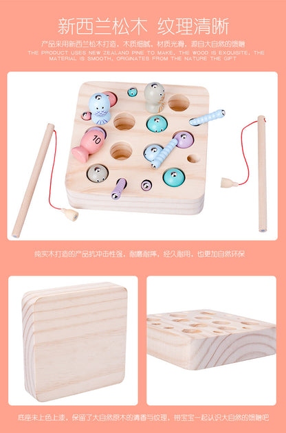 Kinmilo wooden fishing game closeup, color and number matching detail 20