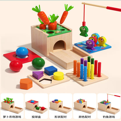 Five-in-one wooden educational activity box with magnetic fish, carrots, sorting shapes, colored pegs and balls