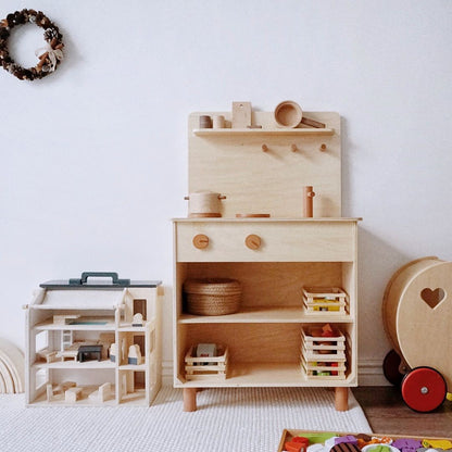 Kinmilo Natural Beechwood Kids Pretend Play Kitchen with Open Shelves – main product photo