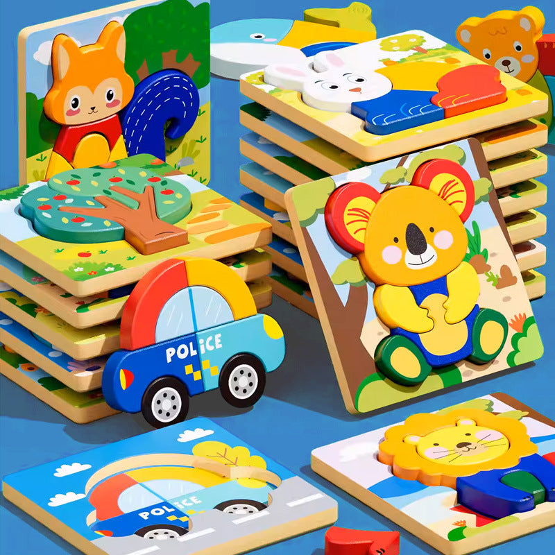 Colorful wooden animal magnetic puzzle boards showing educational picture and shape activities