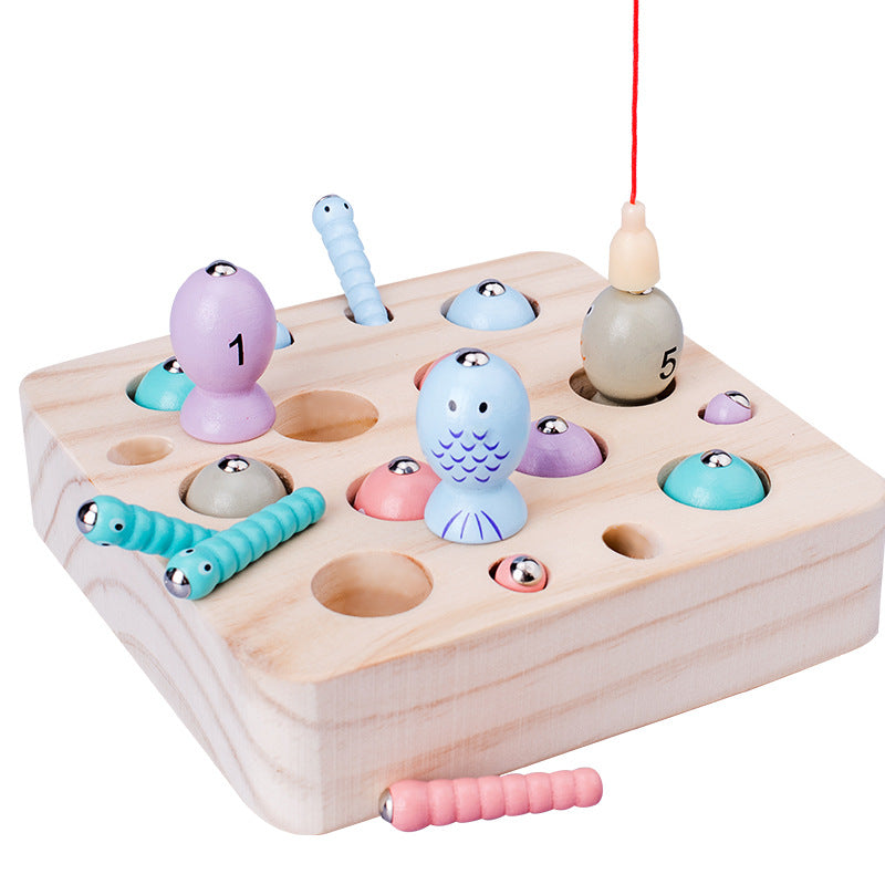 Kinmilo wooden magnetic fishing and color matching board, ten fish and eight worm pieces