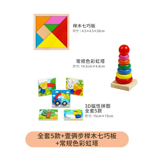 Wooden animal jigsaw magnetic puzzle, tangram and stacking learning activities