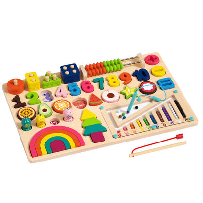 Montessori multifunctional wooden counting board with rainbow, numbers, colors, beads and matching shapes