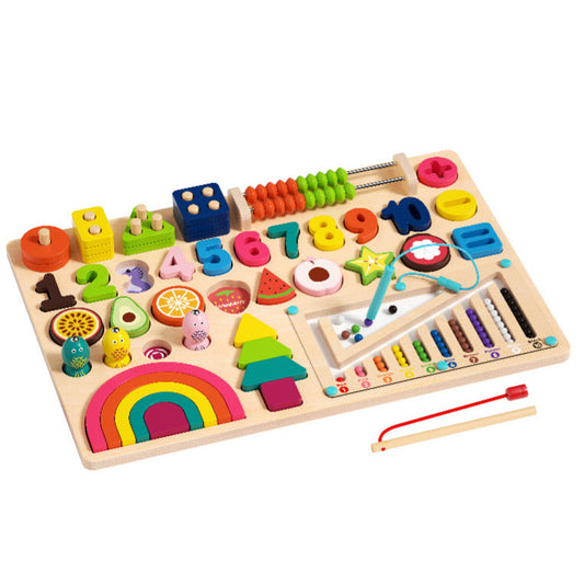 Montessori multifunctional wooden counting board with rainbow, numbers, colors, beads and matching shapes