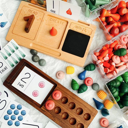 Kinmilo wooden number counting, tracing board and Montessori read create write activities
