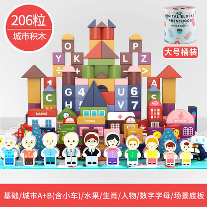 Colorful wooden miniature city toy blocks for stacking and imaginative town activities
