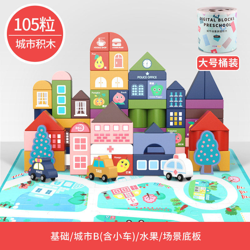 Colorful wooden miniature city toy blocks for stacking and imaginative town activities