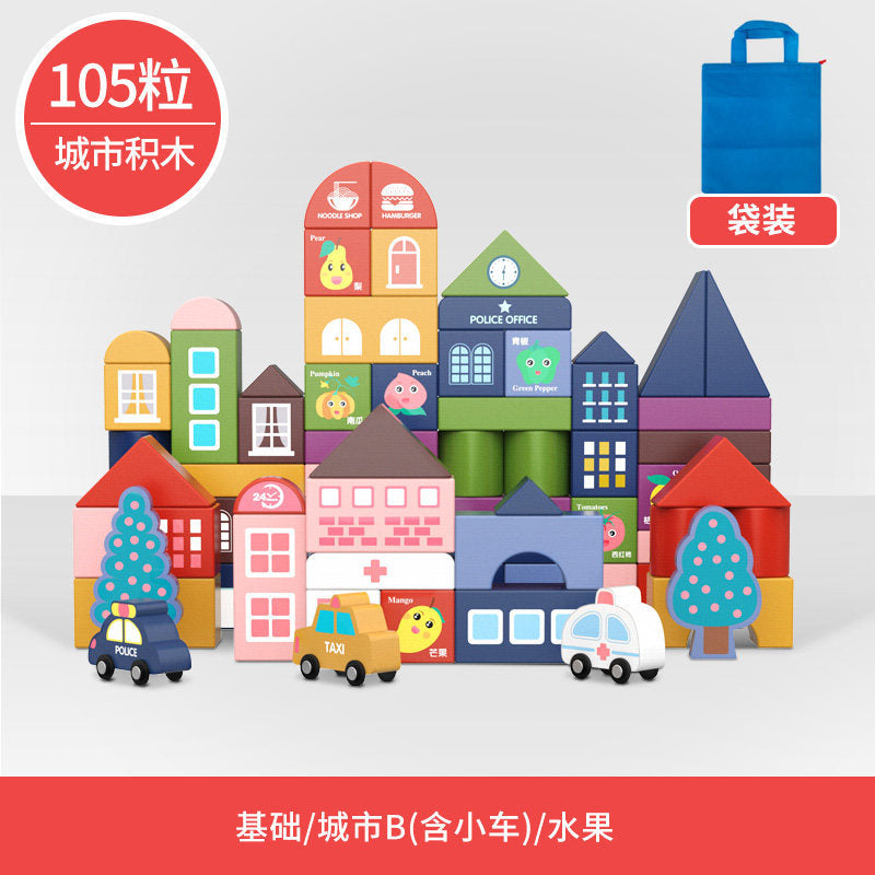 Colorful wooden miniature city toy blocks for stacking and imaginative town activities