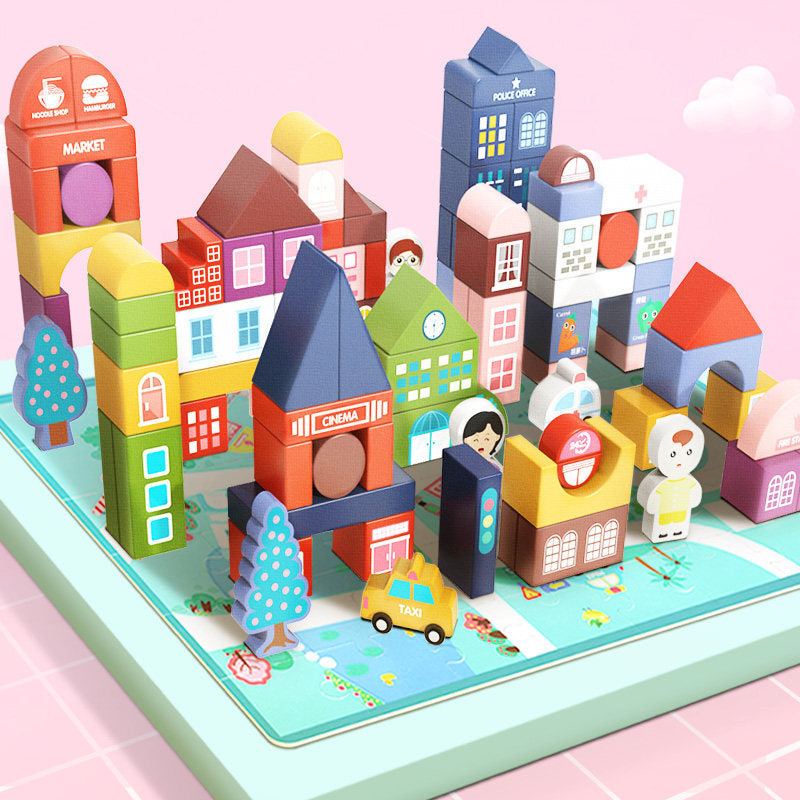 Colorful wooden miniature city toy blocks for stacking and imaginative town activities