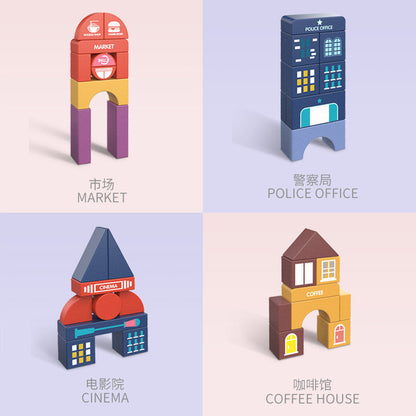 Colorful wooden miniature city toy blocks for stacking and imaginative town activities