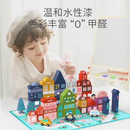 Colorful wood city buildings and village blocks arranged for small world imaginative play