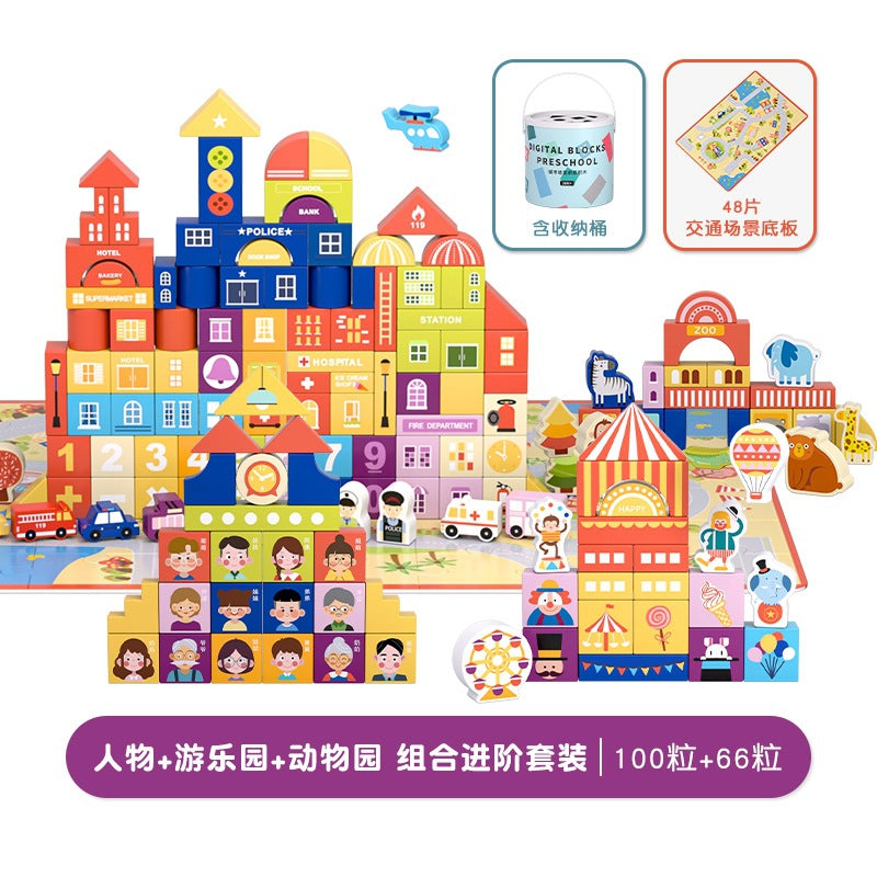 City and zoo wooden building blocks with animal characters, colorful numbers and pretend-play buildings