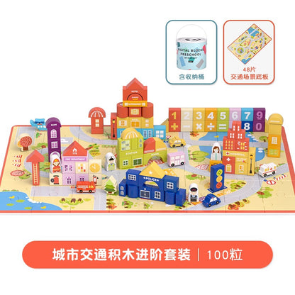 Wooden preschool city zoo and amusement park themed construction blocks detail image 6