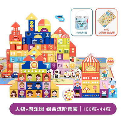 City and zoo wooden building blocks with activity scenery and illustrated shapes