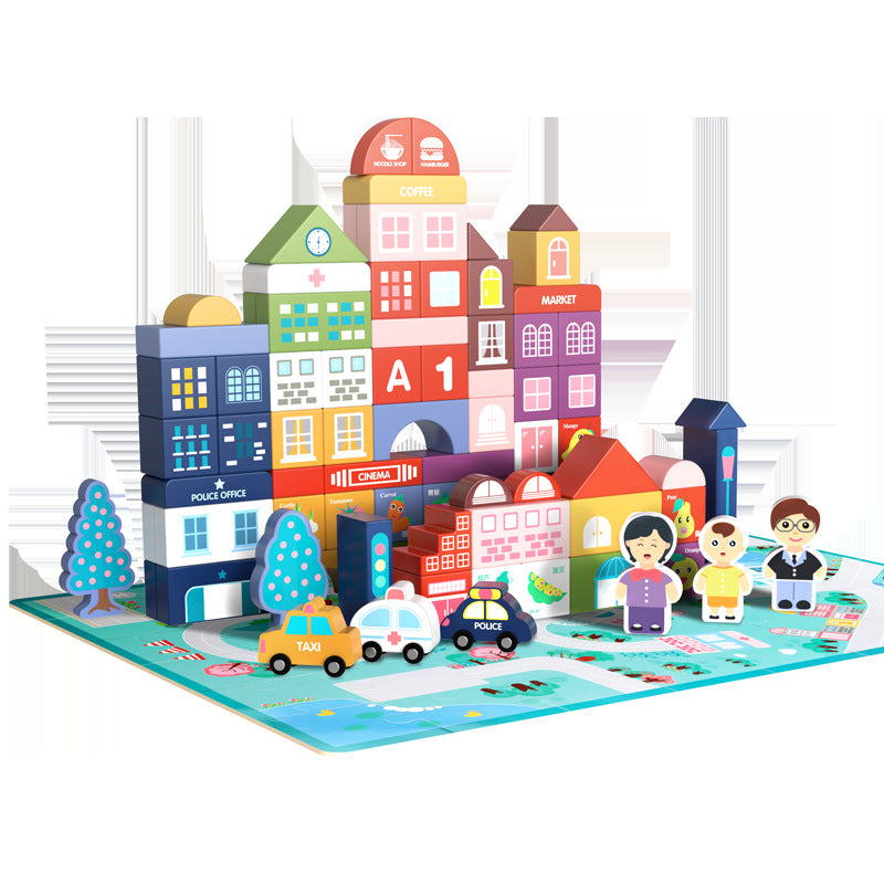 City and zoo wooden building blocks with activity scenery and illustrated shapes