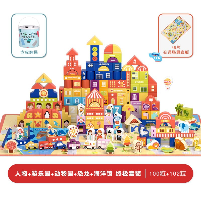 City and zoo wooden building blocks with activity scenery and illustrated shapes
