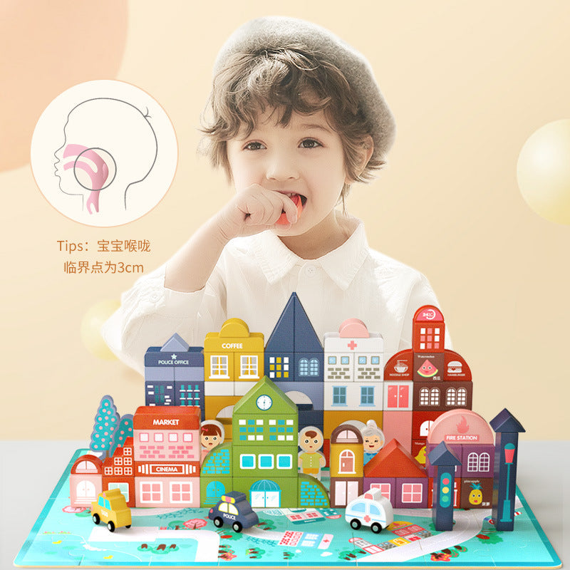 City and zoo wooden building blocks with activity scenery and illustrated shapes