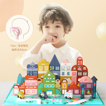 City and zoo wooden building blocks with activity scenery and illustrated shapes