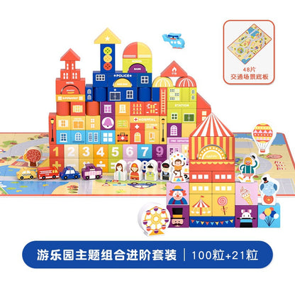 City and zoo wooden building blocks with activity scenery and illustrated shapes